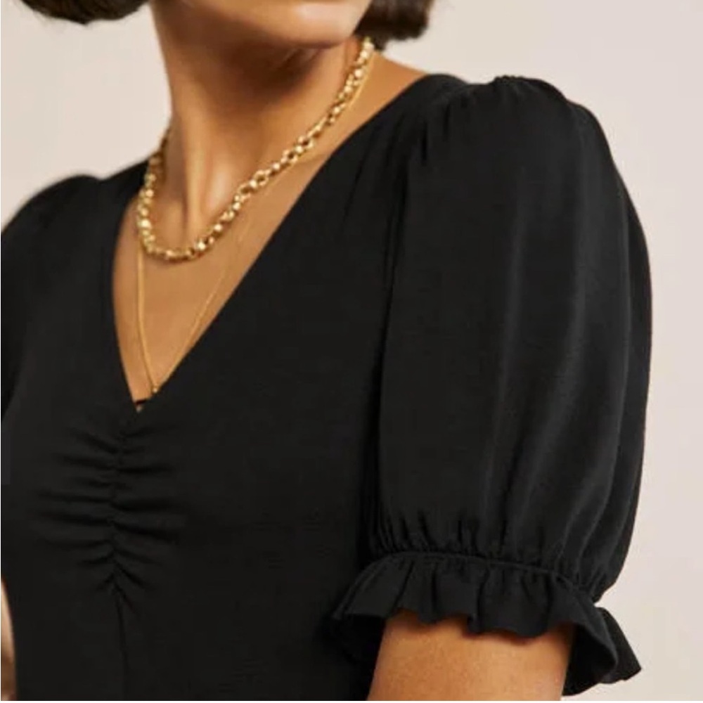 Boden V-Neck Black Classic Comfy Jersey Dress, Puff Sleeves, w/Pockets - Picture 2 of 7